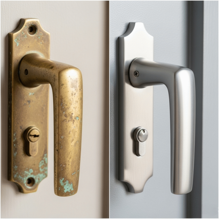 Side-by-side comparison of a worn, aged brass door handle showing tarnish and corrosion next to a pristine, modern brushed steel handle, powerfully illustrating the impact of material quality and finish on the longevity and aesthetic appeal of door hardware fittings over time.